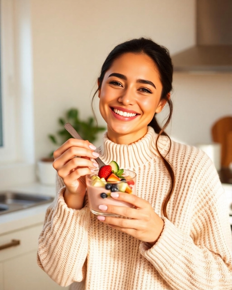 Mujer wellness disfrutando snack saludable